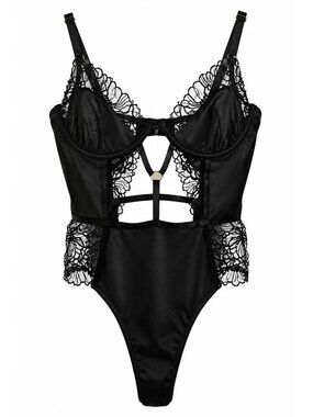 Hauty Thread Bare Teddy Floral Lace Bodysuit Sz XS Black Strappy Sleepwear